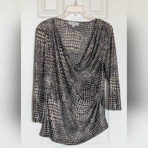 Elegant Women's (Size Large) Black & Tan Cowl Neck Rouched Shimmering Blouse/Top - Picture 4 of 16